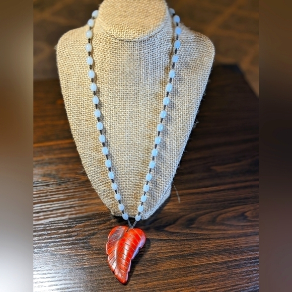 Carved Red Leaf Pendant and Blue Bead Necklace - Picture 1 of 3